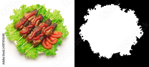 Shish kebab, tomato and green salad on white background. Clipping mask.
