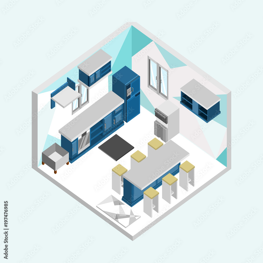 Blue Kitchen Isometric Home Interior Illustration Design Blue Kitchen Isometric Home Interior Illustration Design