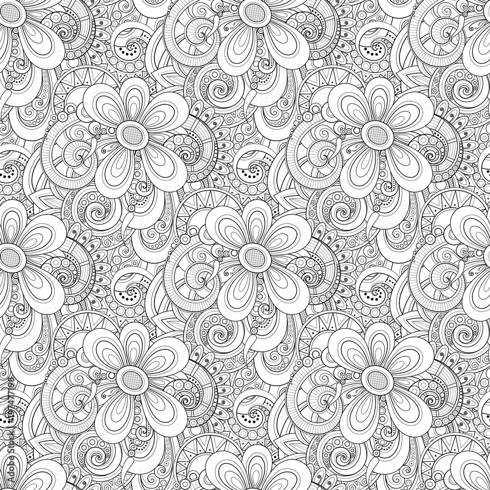 Monochrome Seamless Pattern with Floral Motifs Monochrome Seamless Pattern with Floral Motifs