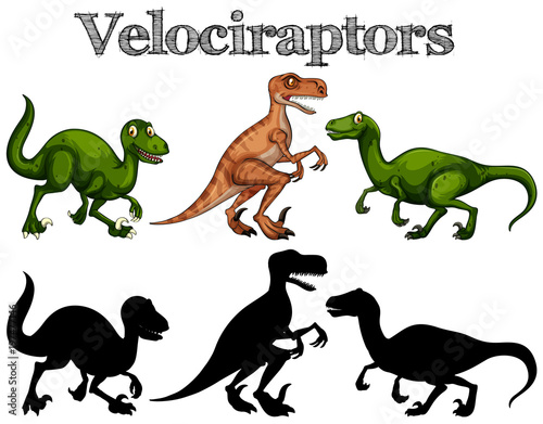 Velociraptors and silhouettes on white background