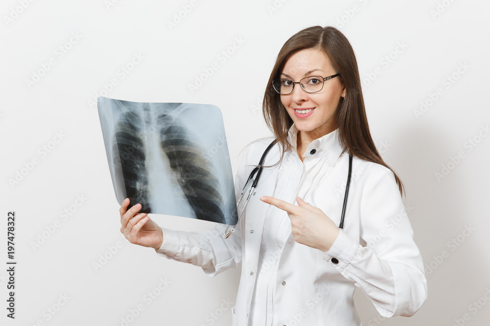 Charming doctor woman pointing index finger on X-ray of lungs, fluorography roentgen isolated on white background. Female doctor in medical gown, stethoscope, glasses. Healthcare personnel. Pneumonia. Charming doctor woman pointing index finger on X-ray of lungs, fluorography roentgen isolated on white background. Female doctor in medical gown, stethoscope, glasses. Healthcare personnel. Pneumonia.