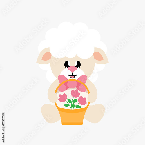 cartoon cute sheep sitting with tie and basket and flowers