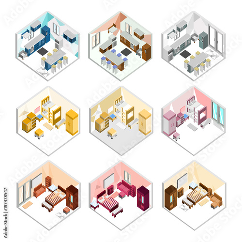 Various Design of Isometric Home Interior Illustration Set