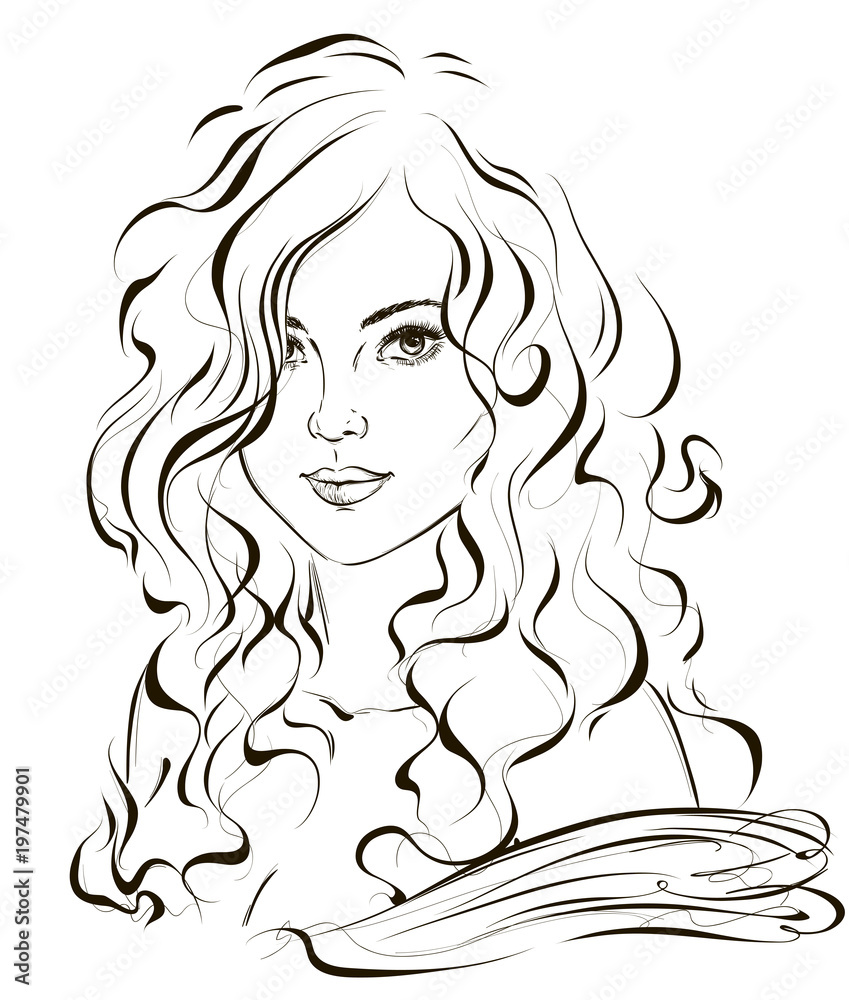 Sketch of a young girl with beautiful curly hair. Vector illustration Stock  Vector | Adobe Stock