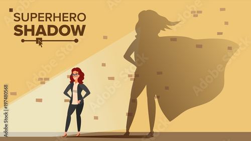 Businesswoman Superhero Shadow Vector. Emancipation, Ambition, Success. Leadership Concept. Creative Modern Business Superhero. Flat Cartoon Illustration