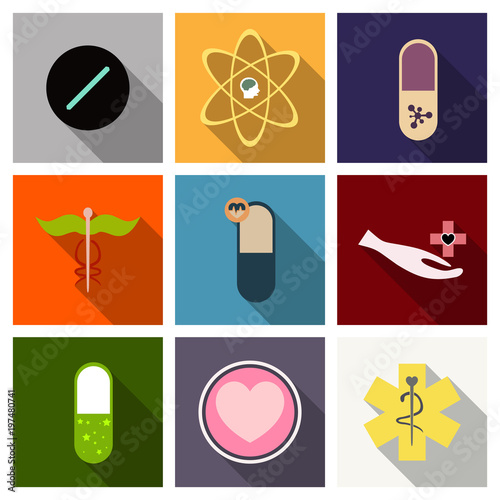 Medicine, pharmacy, hospital set of drugs with labels. Medication, pharmaceutics concept. Vector illustration