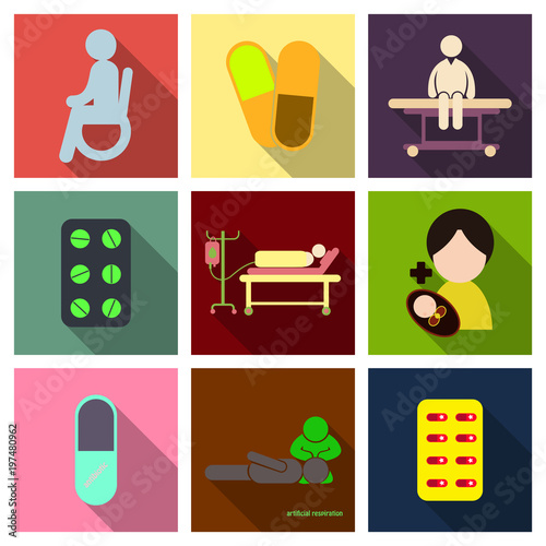 Medicine, pharmacy, hospital set of drugs with labels. Medication, pharmaceutics concept. Vector illustration