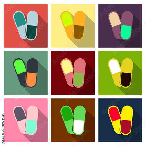 capsules info graphic. Painkillers, antibiotics, vitamins, amino acids, minerals, bio active additive, sports nutrition. Icons of medicament. Medical illustration