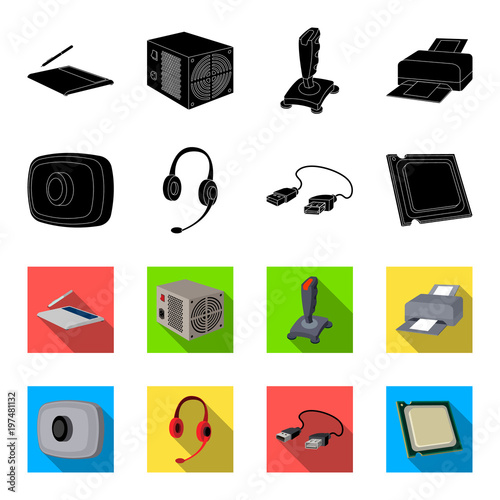 Webcam, headphones, USB cable, processor. Personal computer set collection icons in black,flet style vector symbol stock illustration web.