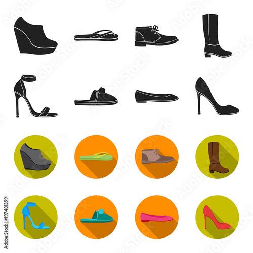 Blue high heeled sandals, homemade lilac slippers with a pampon, pink women ballet flats, brown high heeled shoes. Shoes set collection icons in black,flet style vector symbol stock illustration web.