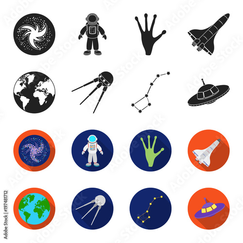 Planet Earth with continents and oceans, flying satellite, Ursa Major, UFO. Space set collection icons in black,flet style vector symbol stock illustration web.