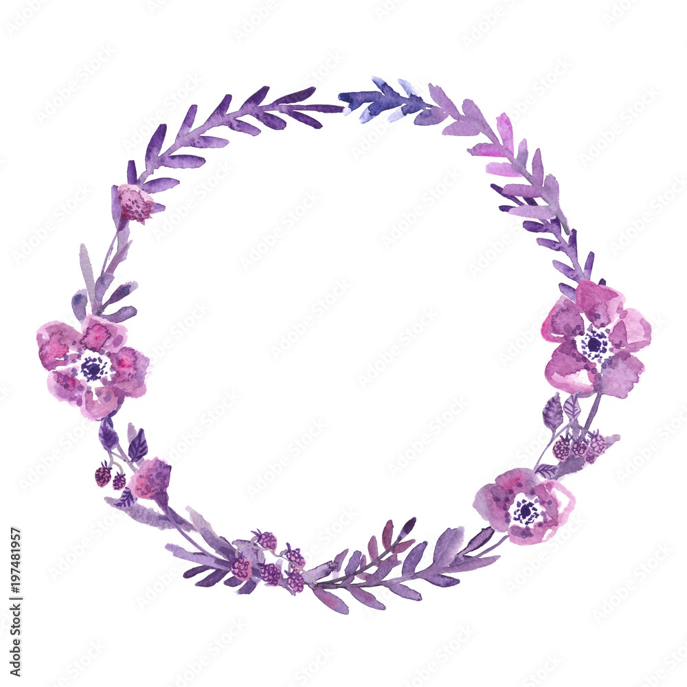 Thin ultraviolet purple floral wreath with pink flowers painted in watercolor on clean white background