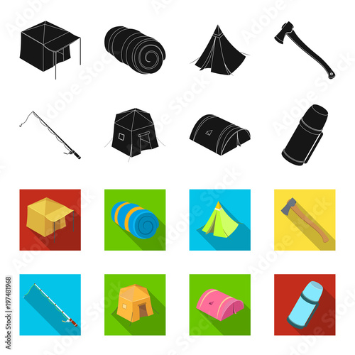 Spinning for fishing, tent, thermos.Tent set collection icons in black,flet style vector symbol stock illustration web.