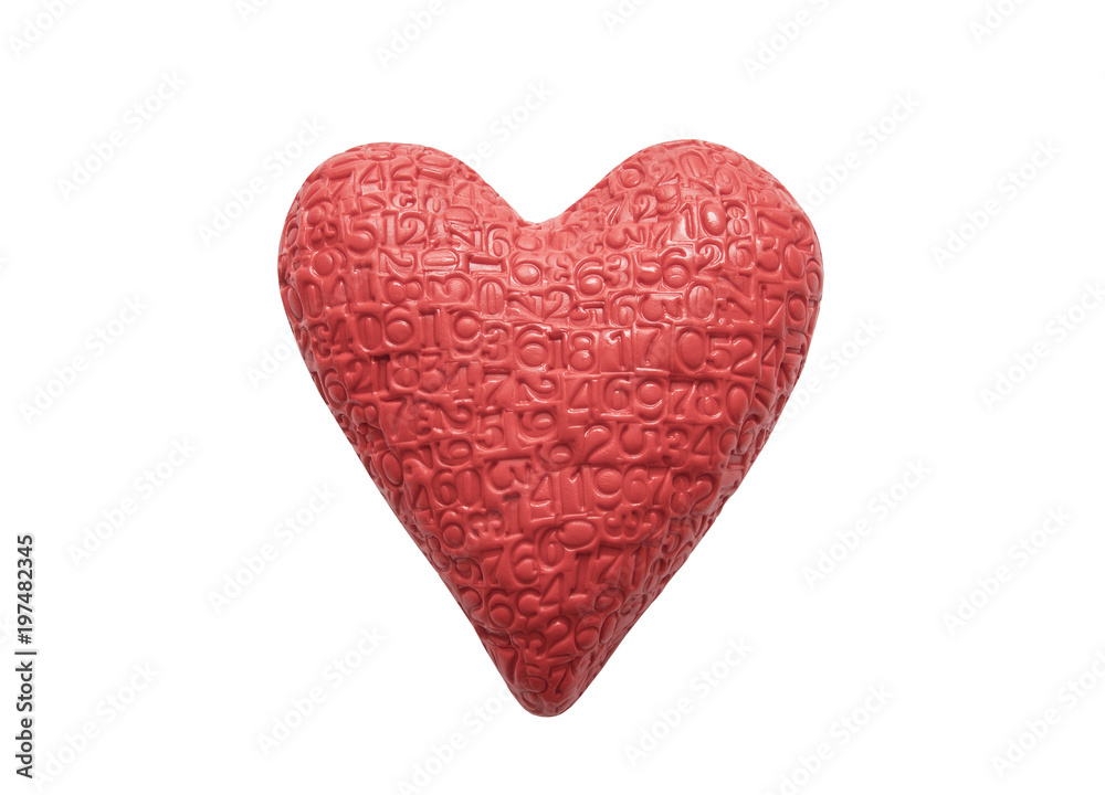 Red heart with imprinted digits isolated on white background