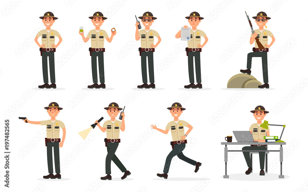 Town male sheriff police officer character in official uniform, policeman executing civil judgment vector Illustration on a white background Town male sheriff police officer character in official uniform, policeman executing civil judgment vector Illustration on a white background