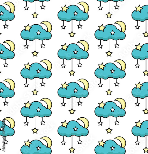 Vector seamless pattern with moon, cloud and stars. Children vector illustration.