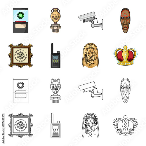 Picture, sarcophagus of the pharaoh, walkie-talkie, crown. Museum set collection icons in cartoon,outline style vector symbol stock illustration web.