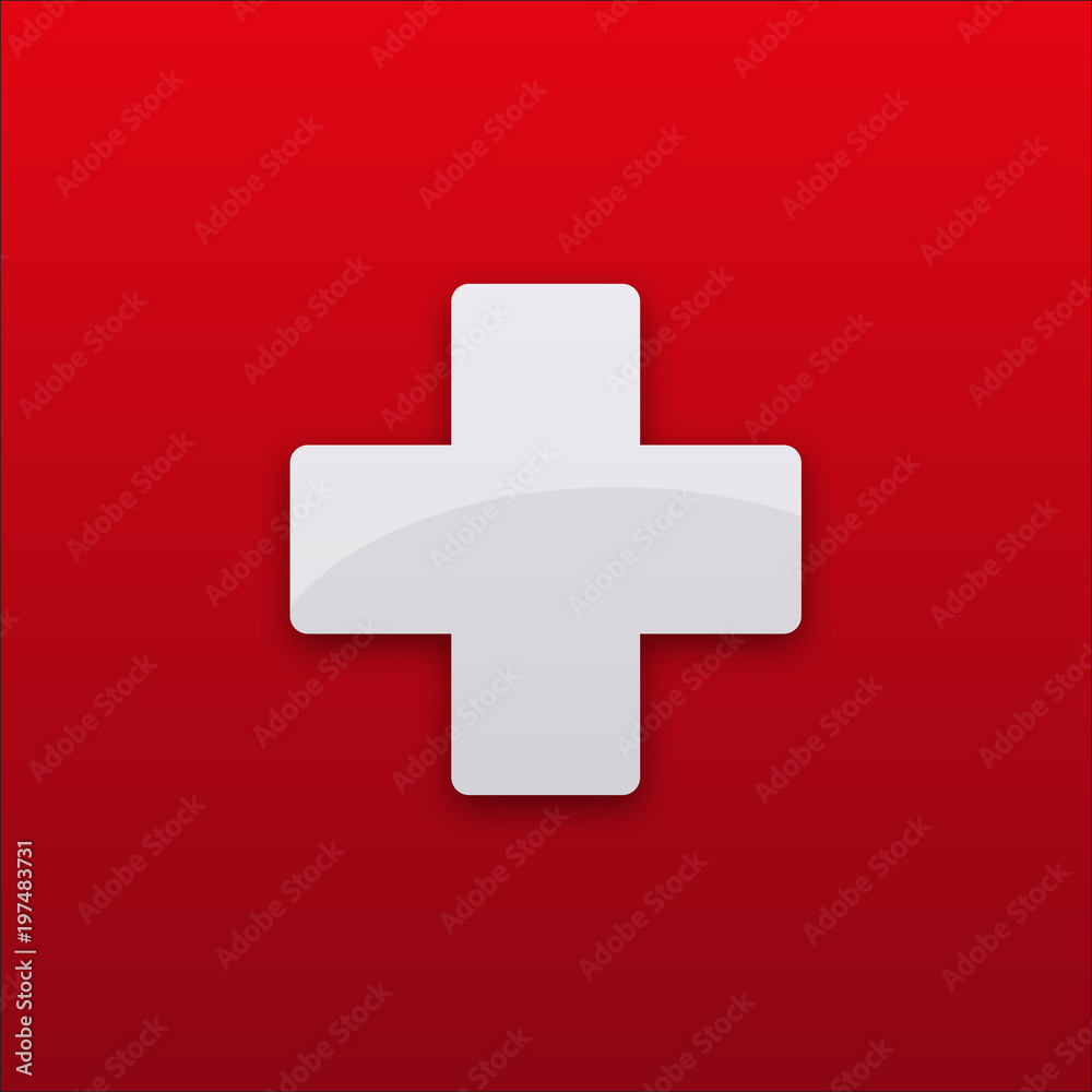 White cross. Medical symbol. Switzerland flag. Satin shape with shadow and reflection on red background. This vector illustration saved in 10 eps White cross. Medical symbol. Switzerland flag. Satin shape with shadow and reflection on red background. This vector illustration saved in 10 eps