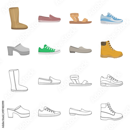 Flip-flops, clogs on a high platform and heel, green sneakers with laces, female gray ballet flats, red shoes on the tractor sole. Shoes set collection icons in cartoon,outline style vector symbol