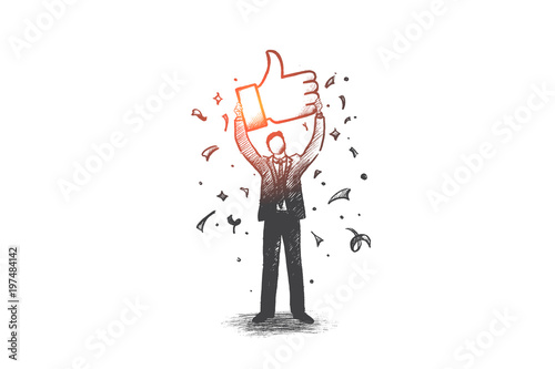 Network communication concept. Hand drawn thumbs up sign as symbol of like. Networking symbol isolated vector illustration.