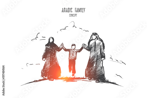 Arabic family concept. Hand drawn parents and child. Happy middle eastern family isolated vector illustration.