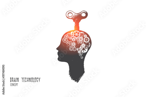 Brain technology concept. Hand drawn gears as symbol of brain with key in it. Innovative technologies in science and medicine isolated vector illustration.
