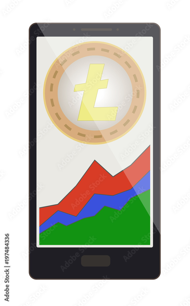 litecoin coin with growth graph on a phone screen litecoin coin with growth graph on a phone screen
