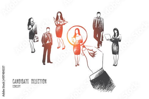 Candidate selection concept. Hand drawn huge hand pointing at one of candidates for job. Concept of recruiting isolated vector illustration.