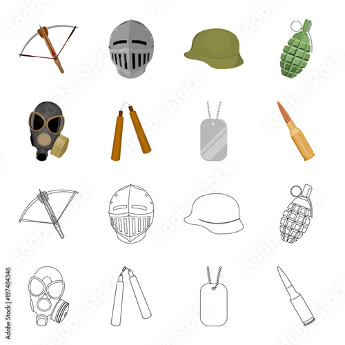 Gas mask, nunchak, ammunition, soldier token. Weapons set collection icons in cartoon,outline style vector symbol stock illustration web. photo