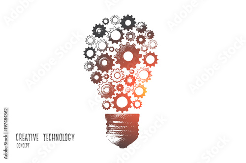 Creative technology concept. Hand drawn electric bulb with gear wheels as symbol of creative idea. Production of ideas isolated vector illustration.