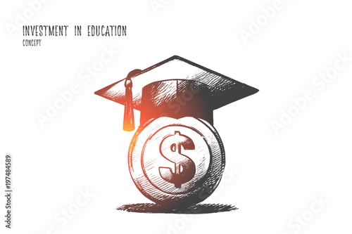 Investment in education concept. Hand drawn graduation hat with on money. Saving for higher education isolated vector illustration.