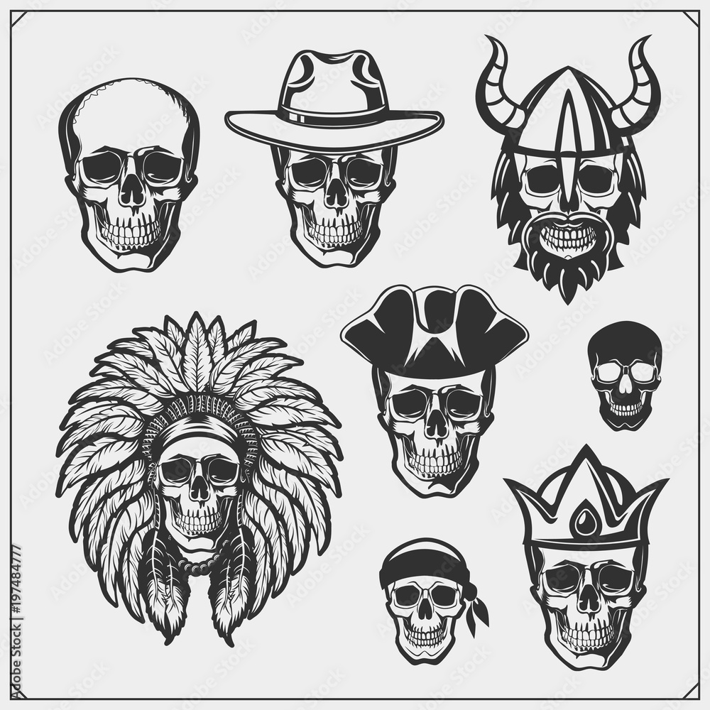Set of emblems and labels with skulls. King, Viking, Indian and Pirate. Set of emblems and labels with skulls. King, Viking, Indian and Pirate.