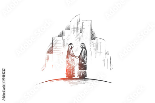 Muslims concept. Hand drawn arab persons shaking hands. Arab persons in national dress isolated vector illustration.