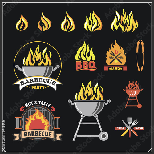 BBQ and grill labels set. Barbecue emblems, badges and design elements. Vector monochrome illustration.