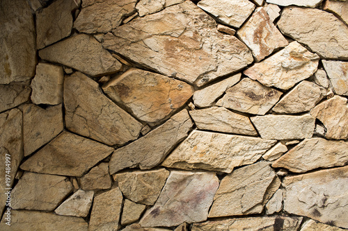 Detail of a stone wall with different size of rocks.