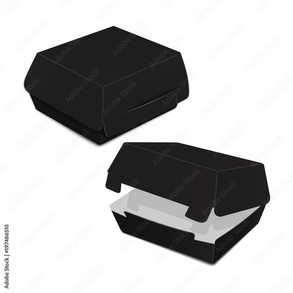 Set of black food box, packaging for burger, lunch, fast food, sandwich. Vector product package on white background Set of black food box, packaging for burger, lunch, fast food, sandwich. Vector product package on white background