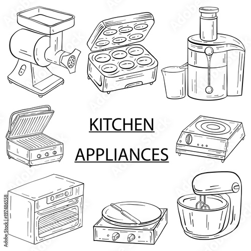 Household appliances for the kitchen, cafe and restaurant. Vector illustration in hand drawn graphics. Meat grinder juicer oven mixer electric stove