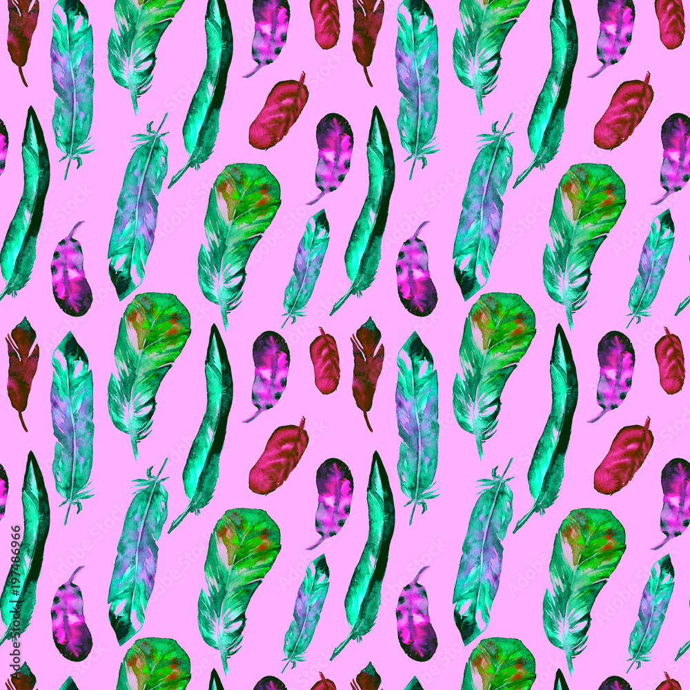 Seamless pattern with watercolor feathers. Can be used for textile print, design tile, wallpaper, abstract background. Seamless pattern with watercolor feathers. Can be used for textile print, design tile, wallpaper, abstract background.