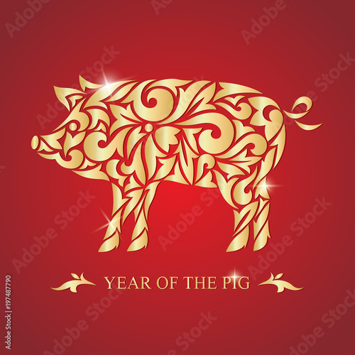 The year of the pig. Happy new year. Vector illustration. Image of a golden pig on a red background. © Katsiaryna