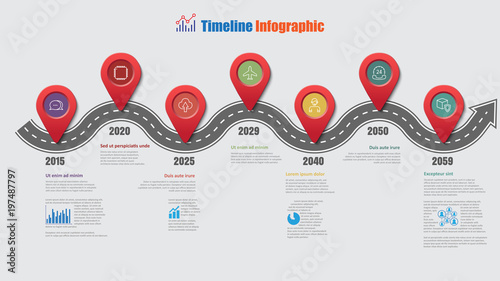 Road map business timeline infographic with 7 step pins designed for abstract background elements diagram planning process web pages digital technology data presentation chart. Vector illustration