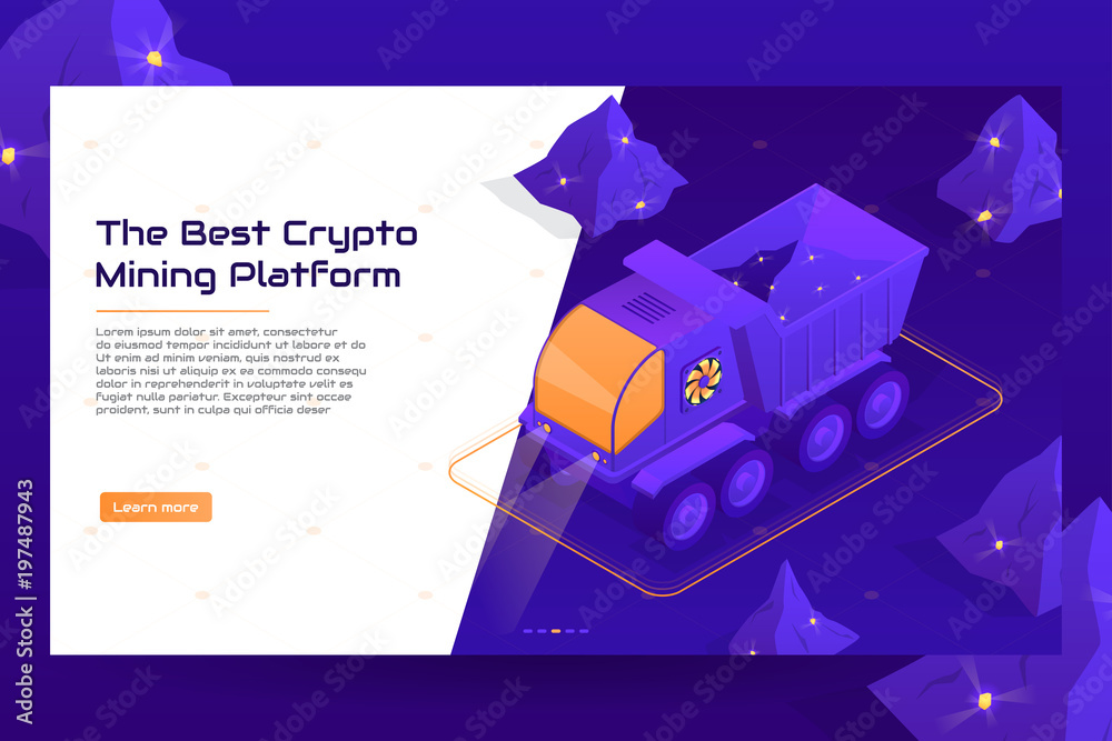 Isometric crypto mining concept web banner with truck. Concept of cryptocurrency mining with heavy machine. Vector Illustration with digital technology field.