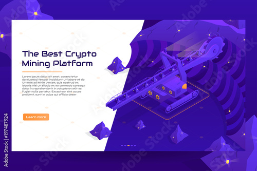Isometric crypto mining concept web banner with vehicle. Concept of cryptocurrency mining with heavy machine. Vector Illustration with digital technology field.