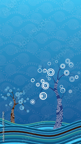 Tree on the hill, Aboriginal tree, Aboriginal art vector painting with tree - Portrait view background wallpaper vector illustration