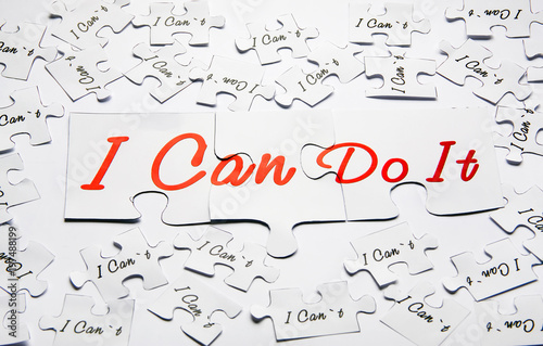I can do it. Words of motivation. Concept motivational message of ability and possibility. I can t and i can are written on puzzle pieces.