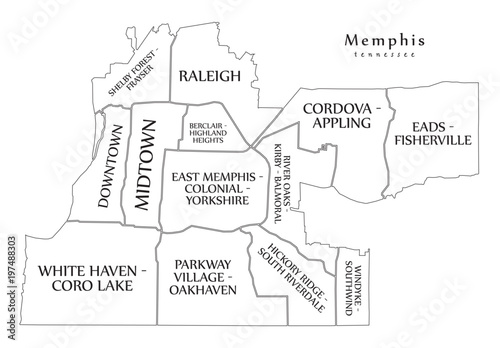 Modern City Map - Memphis Tennessee city of the USA with neighborhoods and titles outline map