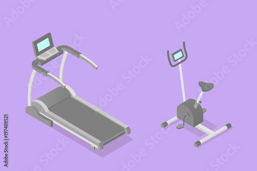 Low poly isometric training apparatuses. Treadmill and exercise bike. Healtgy lifestyle. Realistic icons