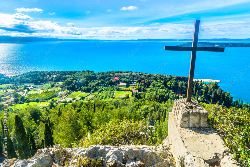 Split Marjan landscape coastline. / Aerial view from top of Marjan hill at marble Adriatic Coast, Split town scenery. Split Marjan landscape coastline. / Aerial view from top of Marjan hill at marble Adriatic Coast, Split town scenery.