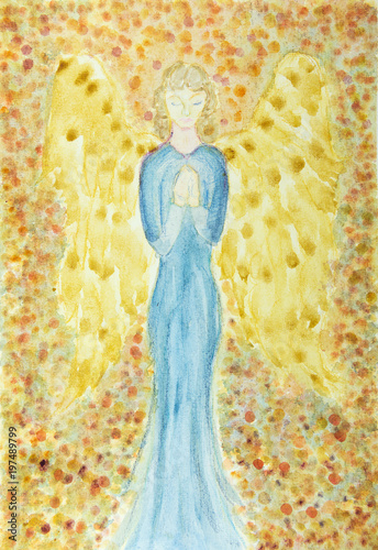Female angel with a blue dress praying. The dabbing technique gives a soft focus effect due to the altered surface roughness of the paper. photo