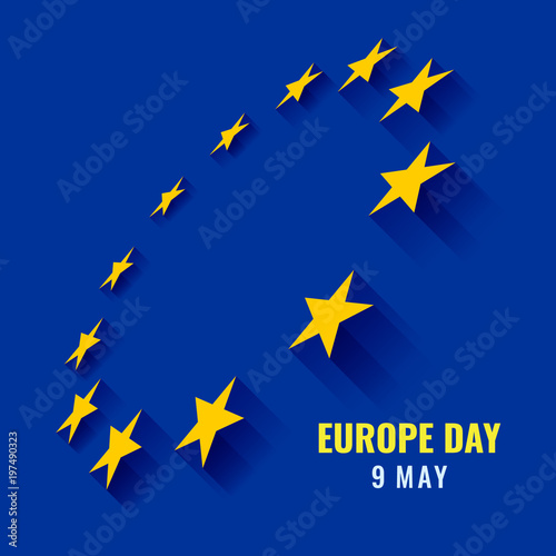 Europe day with perspective circle 12 yellow star sign on blue background vector design
