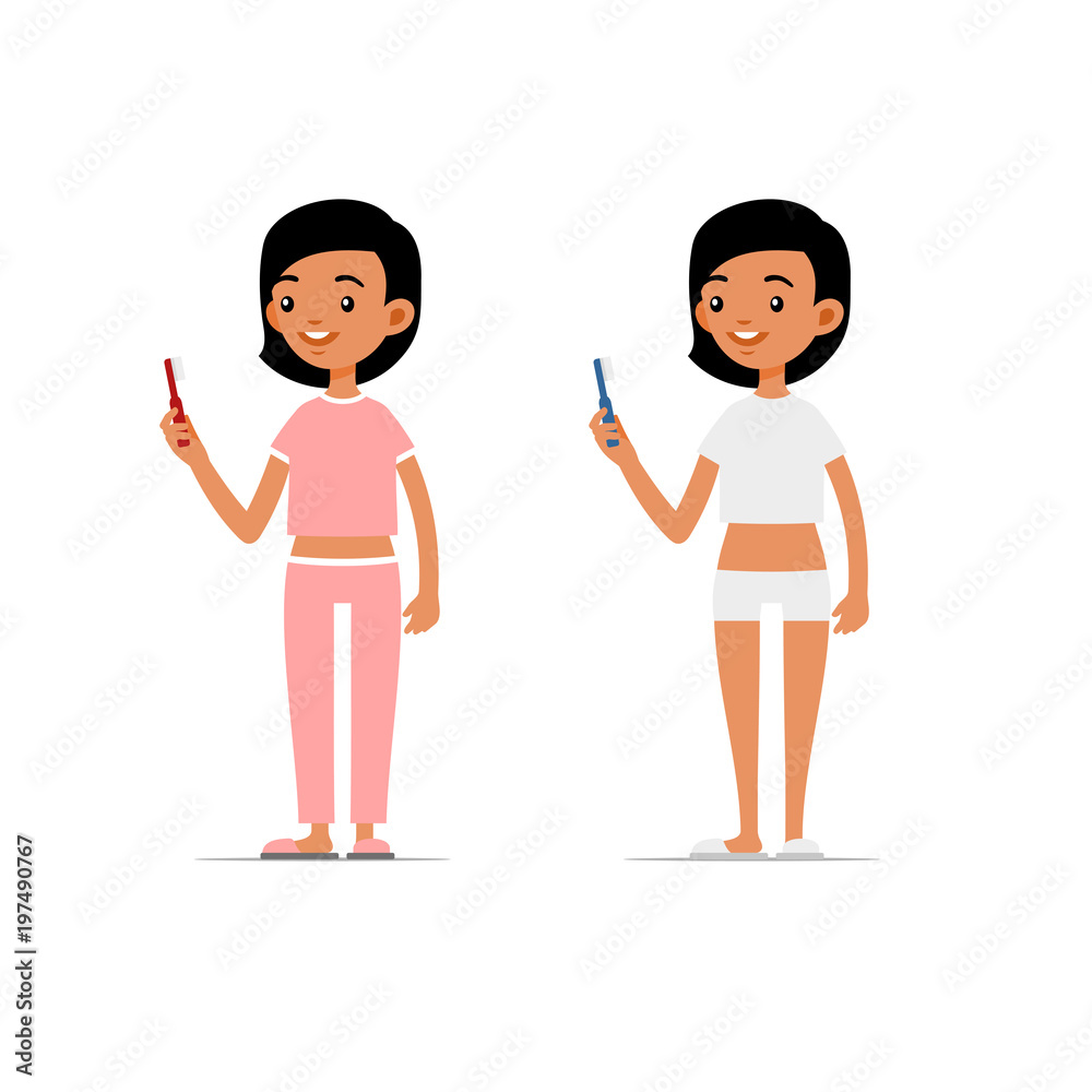 Obraz premium Cute Girl in Pajamas Brushing Teeth. Flat Style Vector